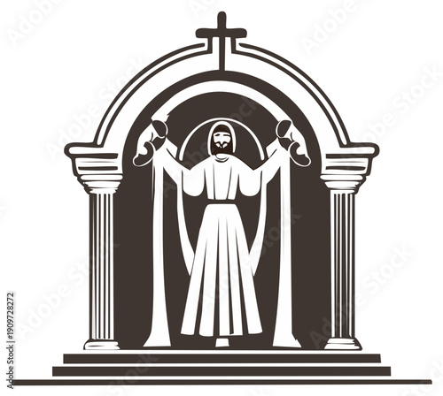 Religious artwork of a figure with outstretched arms inside an archway and columns vector illustration.