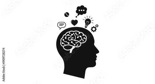 Black silhouette of a human head with a brain and thought symbols floating above