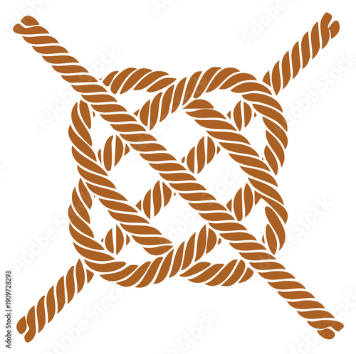 Square knot with twisted ropes on white background for nautical or maritime designs