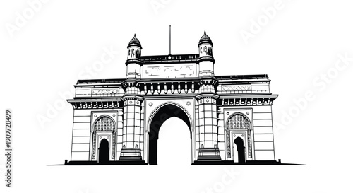 Gateway of India monument in Mumbai, India, in a black and white line drawing style with clean lines and flat design