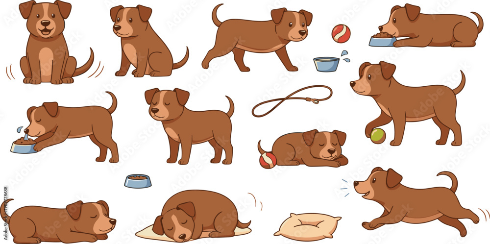 Fototapeta premium Cute Puppy Dog Cartoon Character Set with Playing, Running, Eating, Sleeping, Training Poses, Toys, and Adorable Pet Activities Vector Illustration