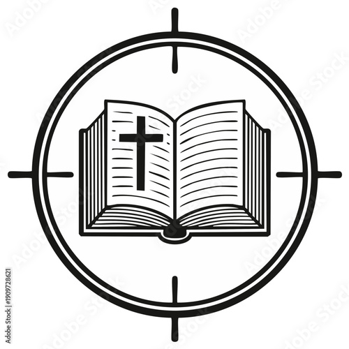 Open Holy Bible With Cross Emblem Centered In Target Symbol