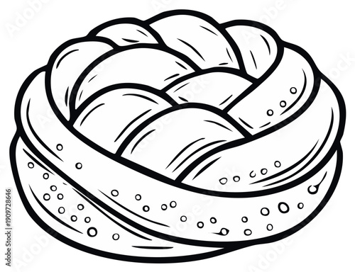 Braided Bread Bun Line Art Illustration. Traditional Bakery Pastry Outline Drawing.
