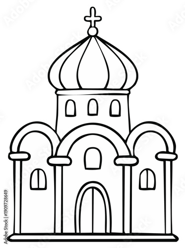 Orthodox Christian Church Building with Dome and Cross Outline Drawing