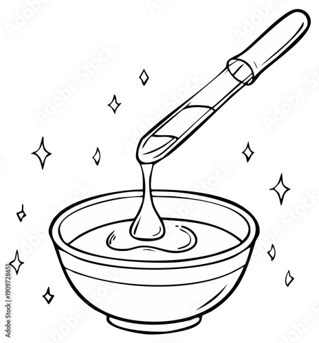 Dropper dispensing liquid into a bowl with sparkling effect for beauty or science illustration