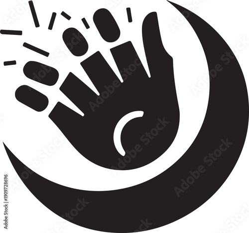 Stylized black and white hand with rays emanating from it flat