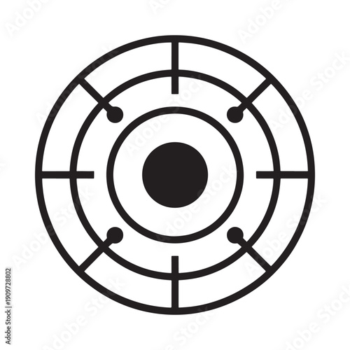 Black and white target illustration with concentric circles and crosshairs