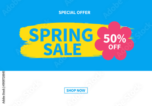 Spring sale banner with 50 Off in a pink flower shape on a yellow brushstroke against a bright blue background.
