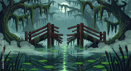 Pixel art illustration of a misty swamp landscape featuring a wooden bridge, trees with hanging moss, lily pads, and a full moon. Ideal for game development and retro graphics.