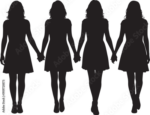 Four women in dresses holding hands in a line  friendship and unity concept