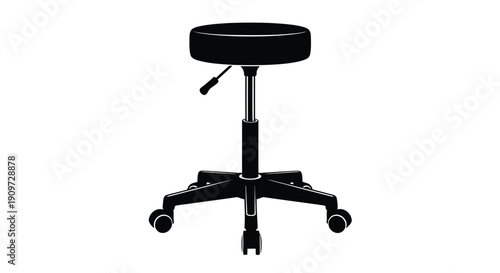 Black adjustable office stool silhouette with four legs and wheels on white background