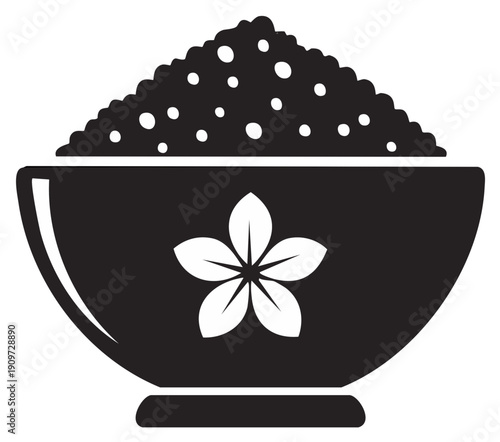 Stylized black bowl of rice with flower design on its side and black and white colorway
