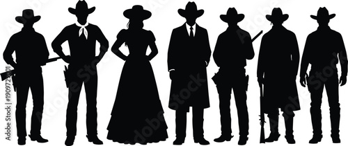 Collection, of, seven, cowboy, and, cowgirl, silhouettes, in, traditional, western, clothing, standing, in, various, poses, isolated, on, white, background, for, frontier, and, history, design.