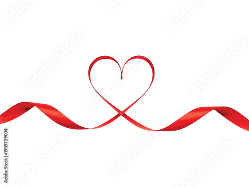 A single red satin ribbon forms a neat heart shape above a flowing banner isolated on a white background for romance.