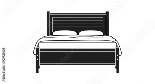 Black and white flat illustration of a bed with a horizontal headboard and two pillows