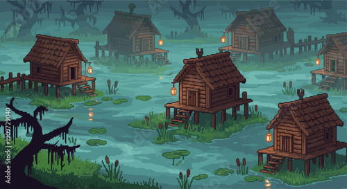 Pixel art illustration of a swamp village. Features wooden huts on stilts, lanterns, water lilies, and a murky atmosphere. Ideal for game development, fantasy themes, or nostalgic designs.