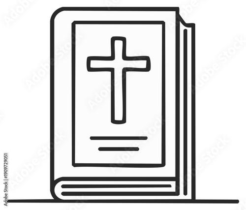 Outlined illustration of a religious book with a cross symbol on the cover.