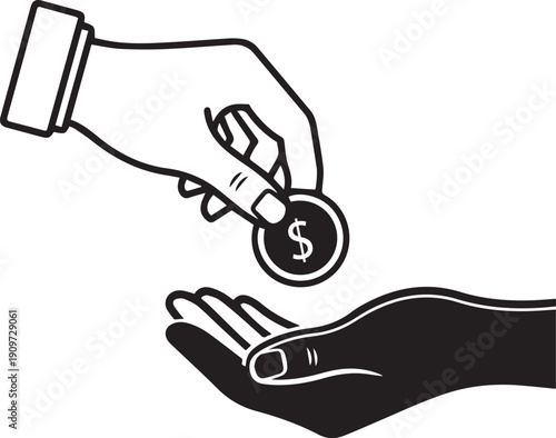Hand giving a coin to another hand representing donation charity or payment simple vector illustration