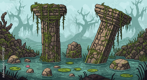 Pixel art style illustration of swamp landscape with ruins, stone columns, water lilies and misty background. Ideal for game development, digital art, or retro design projects.