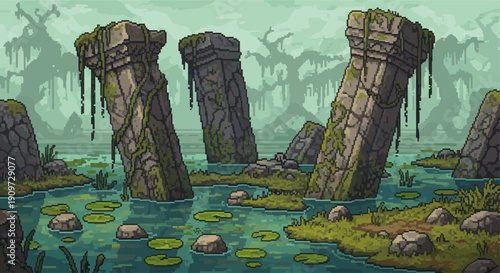 A pixel art illustration of ancient, moss-covered stone pillars rising from swamp water. Lily pads and overgrown banks create a moody, atmospheric fantasy scene.