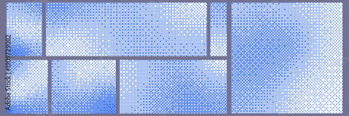 Blue pixelated bitmap texture. Game fade effect 8 bit backgrounds. Retro pixel art dither pattern. Editable vector overlay texture	