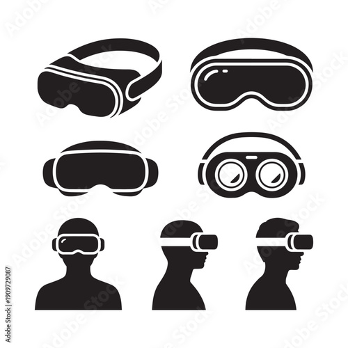 Various virtual reality headset designs and user silhouettes depicted in black