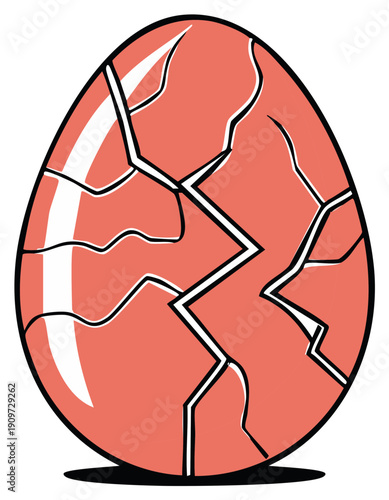 Cracked coral egg with bold white cracks casting a shadow on a white background