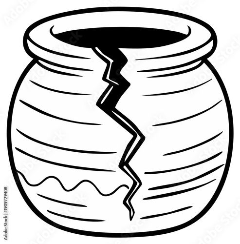 Cracked earthen pot contour drawing with horizontal stripes and zigzag break line