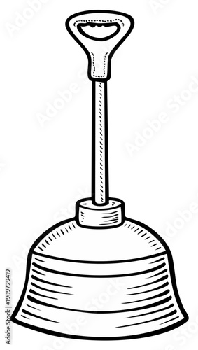 Illustrated plunger tool, with handle, isolated illustration in black and white.