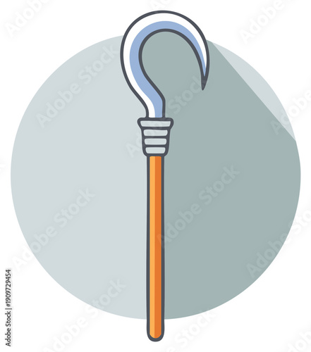 Cartoonish illustration of a simple cane with a hook, assistive walking stick, support device symbol, simple vector drawing