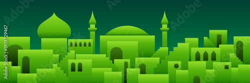 Arabic city panorama in pistachio green color with mosque silhouettes