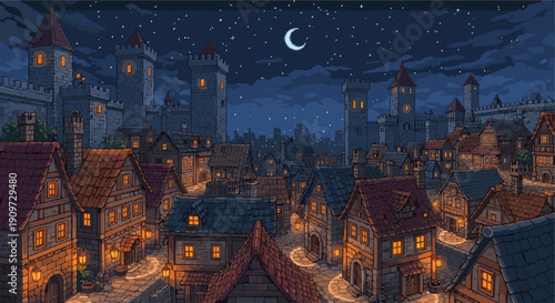 Digital pixel art illustration of a medieval town at night, lit by moonlight and warm window lights. Suitable for games, animation, fantasy themes, or background imagery.