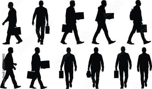 Collection of professional men silhouettes walking with briefcases and carrying boxes, male commuters moving forward in office poses, lifestyle graphics,