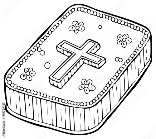 Detailed line drawing of a rectangular cake decorated with a raised cross and small flowers