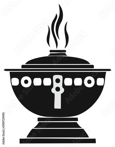 Ancient Black Ceramic Vessel With Fire and Decorative Pattern