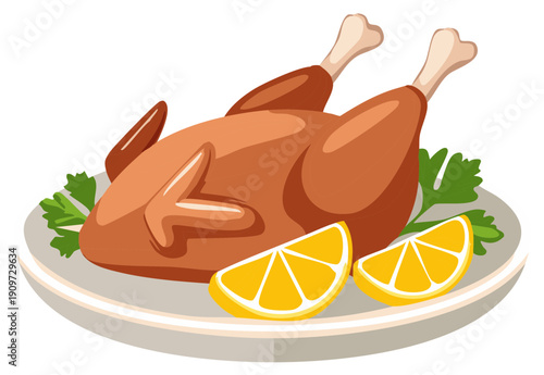 Roast chicken vector graphic with lemons and parsley garnish on a platter for Thanksgiving or Christmas