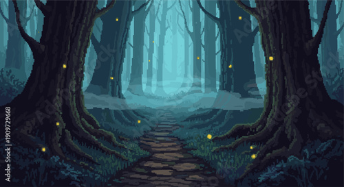 Pixel art illustration of a misty forest path with glowing fireflies, creating a dark and mysterious atmosphere. Ideal for video games, app backgrounds, or fantasy projects.