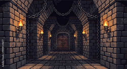 A pixelated depiction of a dungeon hallway with brick walls, torches and chains. This image is perfect for game developers, graphic designers, or anyone needing retro themed assets.