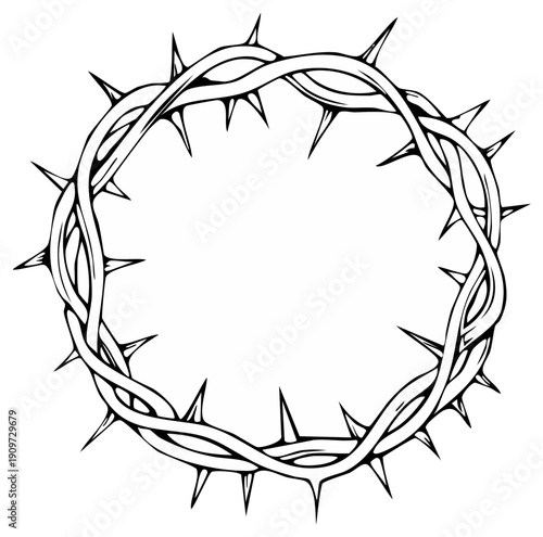 Intricate sketch of a woven crown of sharp thorns symbolizing suffering sacrifice and resurrection