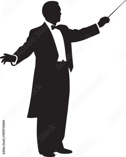 Silhouette of a man in a tuxedo holding a baton and conducting an orchestra with a dramatic gesture