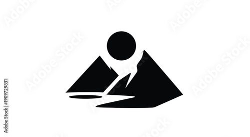 Minimalist black silhouette of person hiking between two mountains with sun