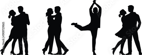 Romantic dancing couple silhouettes, elegant ballroom dance poses, love, passion, intimacy, movement and relationship connection on white background