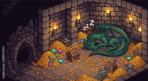 Isometric pixel art illustration of a green dragon sleeping on a pile of gold coins inside a dungeon, surrounded by torches and treasure chests. Perfect for game development, fantasy projects.