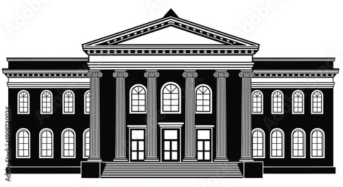 Black and white illustration of a large neoclassical building with columns and steps