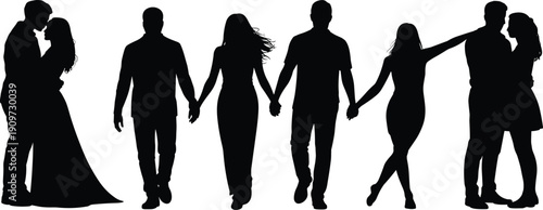 Couple silhouette collection, romantic couples holding hands and walking together, love, relationship, intimacy and connection concept