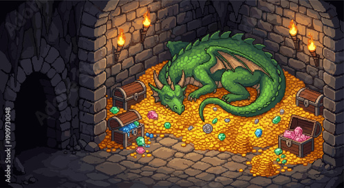 Illustration of a green dragon sleeping on a pile of gold coins, gems, and treasure chests in a brick dungeon. Pixel art style, suitable for fantasy or gaming.