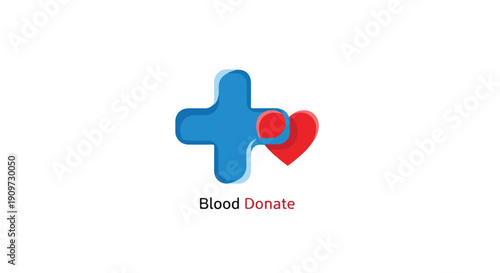Blood Donate vector icon with blue cross and red heart, medical charity symbol, isolated on white