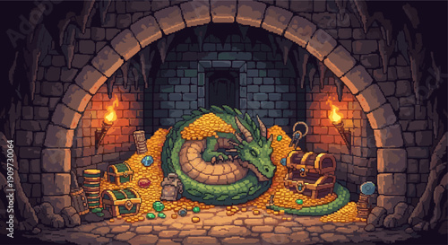 Pixel art illustration of a green dragon sleeping on a pile of gold coins and treasure in a stone brick dungeon. Fantasy, retro, gaming concepts.