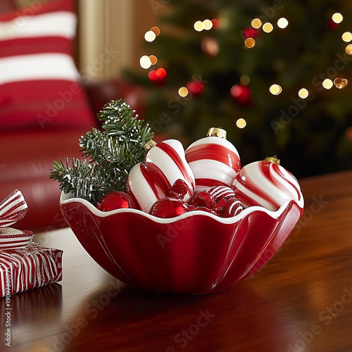 festive red candy dish filled with striped ornaments and greenery, perfect for holiday decor. warm ambiance adds cheerful touch to any celebration