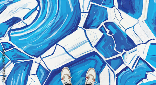 Vector illustration of feet on blue and white abstract cracked ice pattern, top view, winter texture background